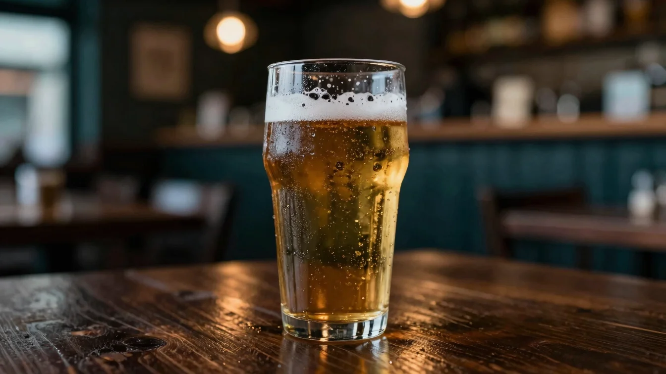 Close-up of a frosty glass of craft beer with condensation, dark wood table, moody pub lighting.