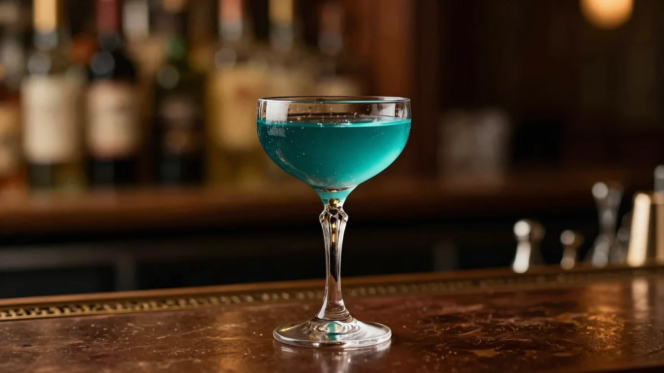 Elegant cocktail in a crystal glass on a bar counter, soft ambient light, shallow depth of field.