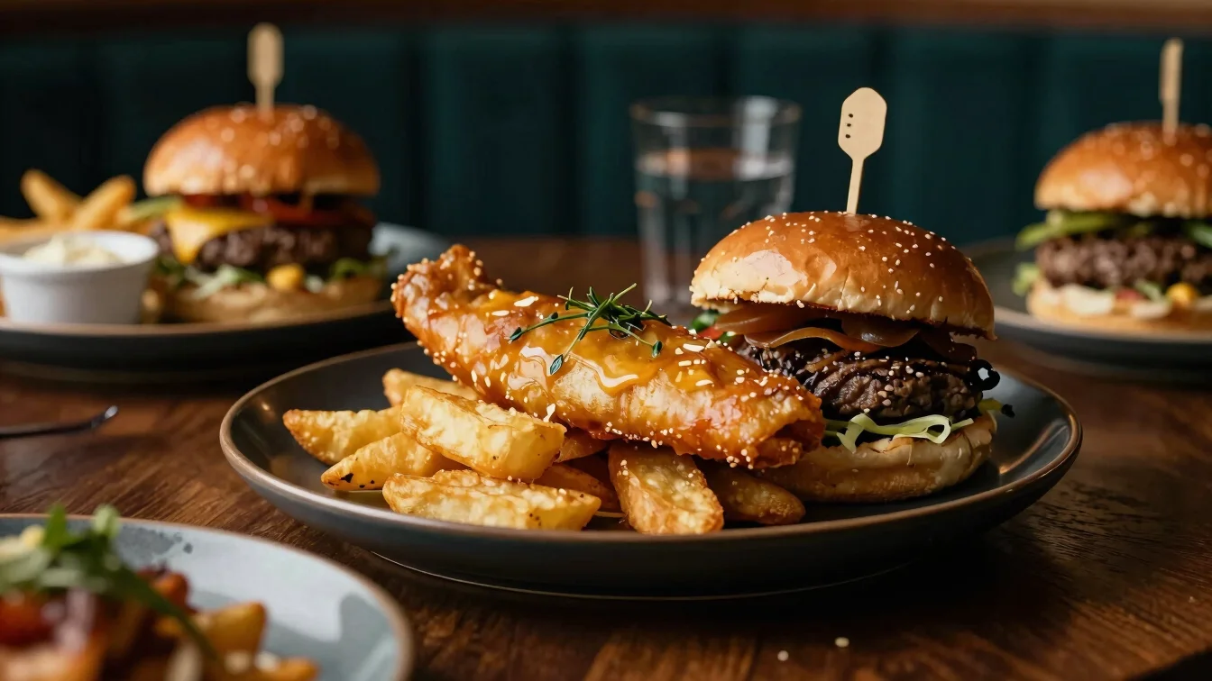 Artfully plated pub dish, such as fish and chips or a gourmet burger, on a dark plate under warm light.