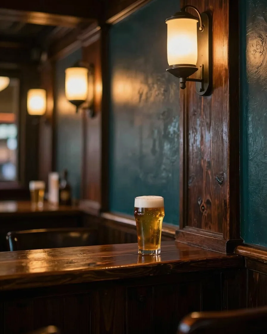 Warm ambient pub corner with dark wood textures, glowing bar fixtures, and a fresh poured draft beer, shallow depth of f