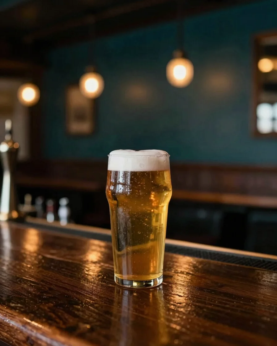 Warm atmospheric pub interior with a freshly poured draft beer on