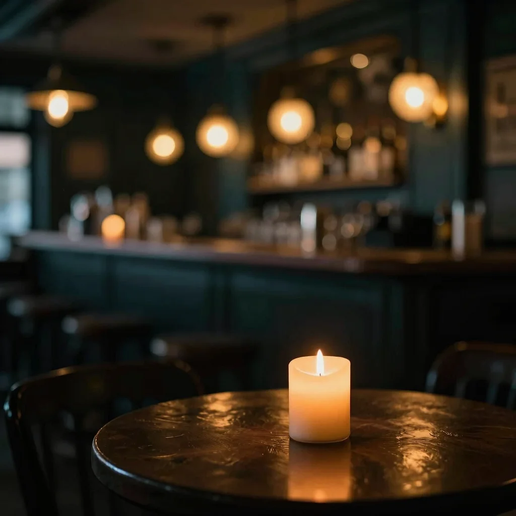 Warm candlelit corner in a pub, with soft glowing bar fixtures in the background, shallow depth of field.