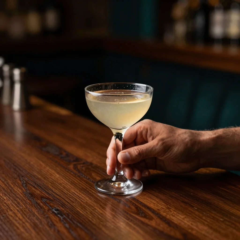 Hands holding signature cocktails on a dark wood table, with soft pub lighting, shallow depth of field.