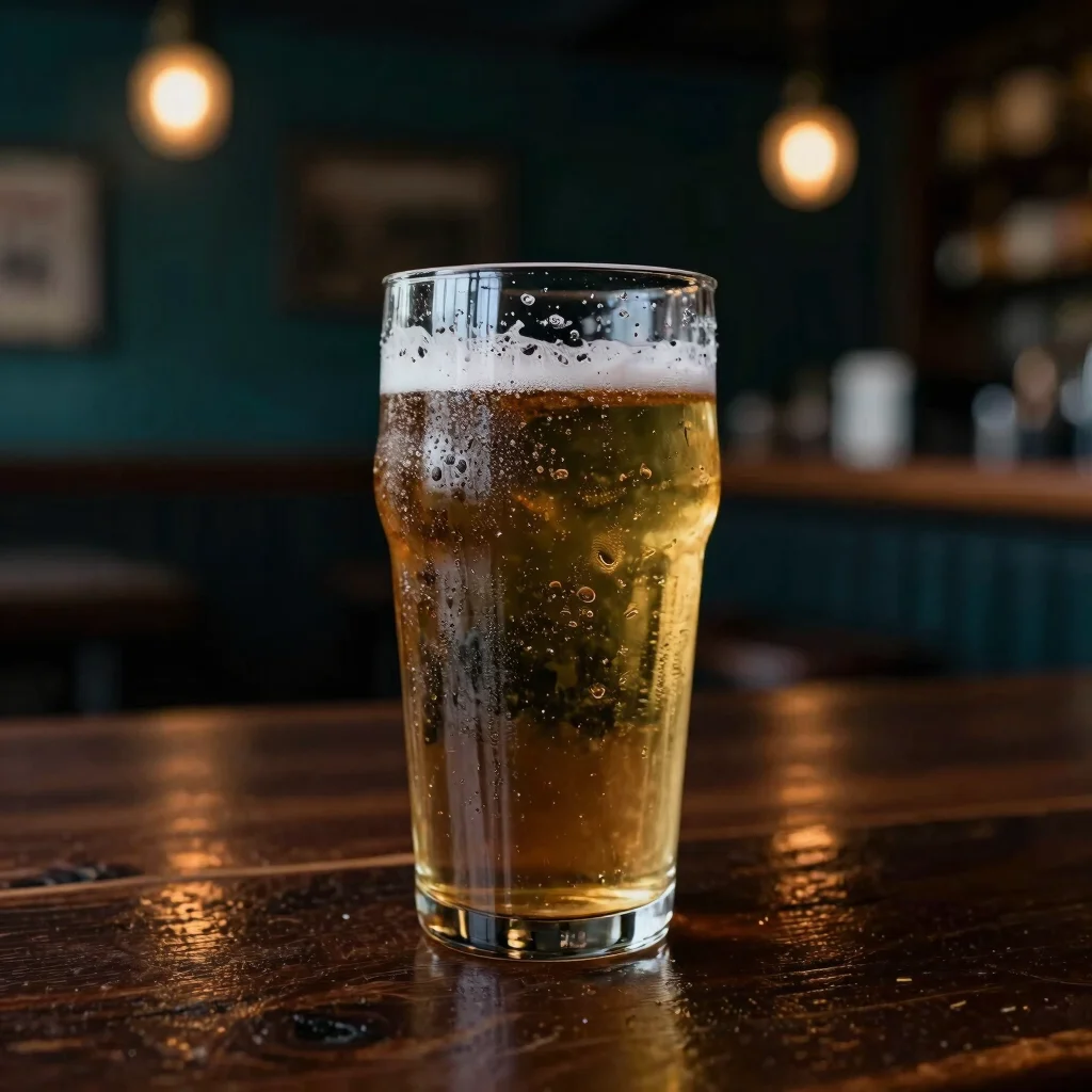 Close-up of condensation on a pint glass of beer on a dark wooden bar counter, moody atmospheric pub light.